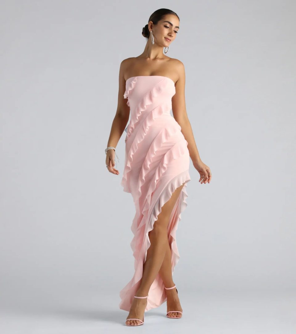Gabby Formal Mesh Strapless Ruffle Long Dress
