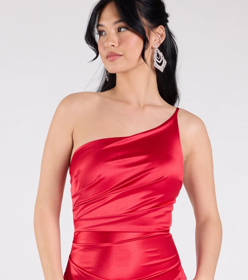 Contessa One-Shoulder Slit Satin Formal Dress