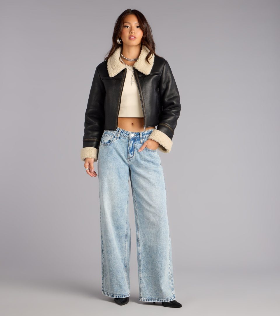 Downtown Girl Faux Leather Sherpa Crop Jacket