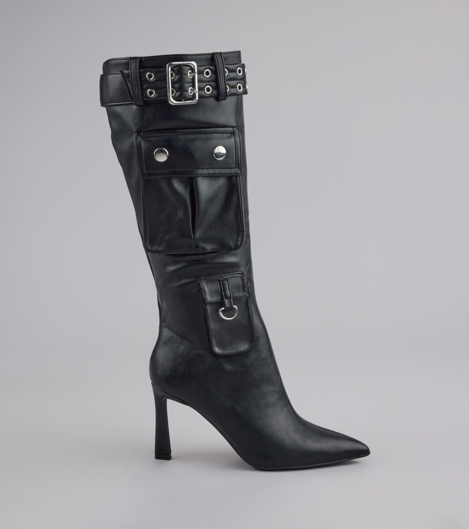 Hot on the Heist Buckled Pocket Stiletto Boots